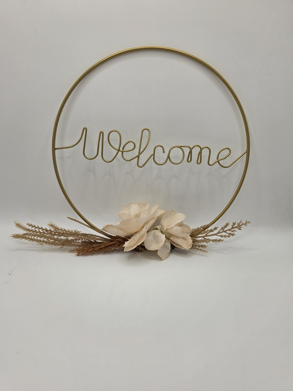 Aldera Graphics Gold Welcome Metal Hoop Wall Accent with Cream Floral Cluster